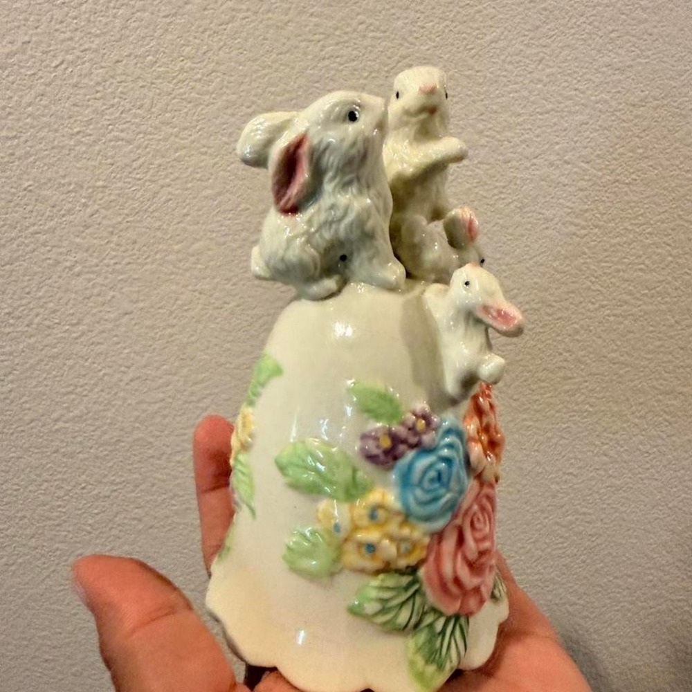 Vintage ceramic bell with rabbits and flowers